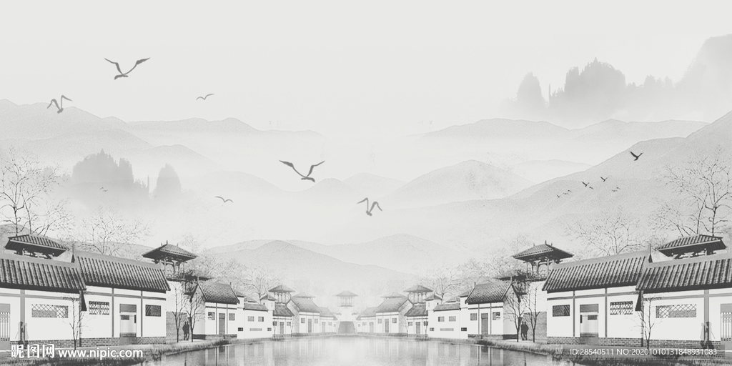 新中式水墨江南马头墙背景装饰画