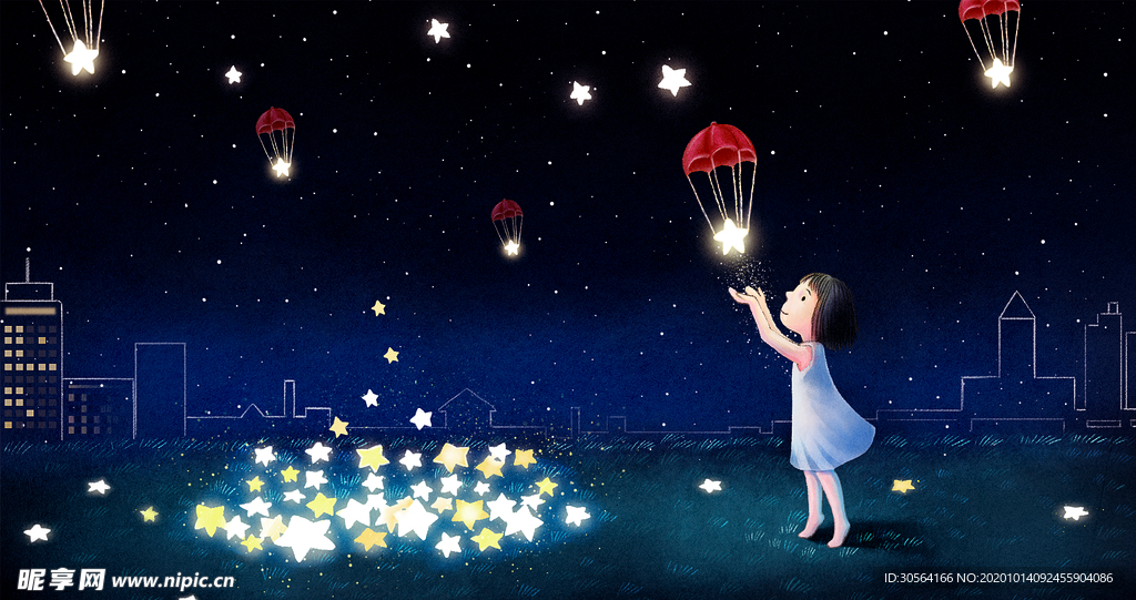 夜空小女孩人物插画卡通海报素材