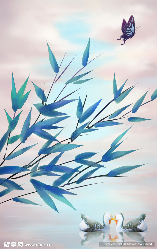 枝叶蝴蝶清新插画卡通海报素材