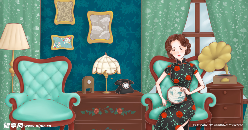 民国复古人物插画卡通海报素材