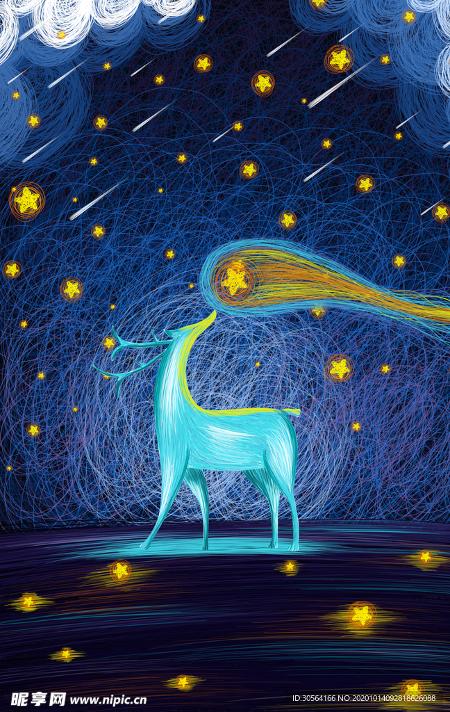 夜空线条梅花鹿插画卡通海报素材