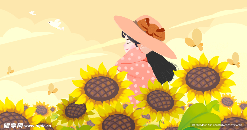 向日葵人物清新插画卡通海报素材