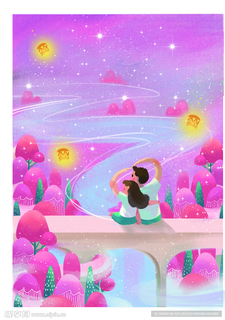 紫色花海情侣插画卡通海报素材