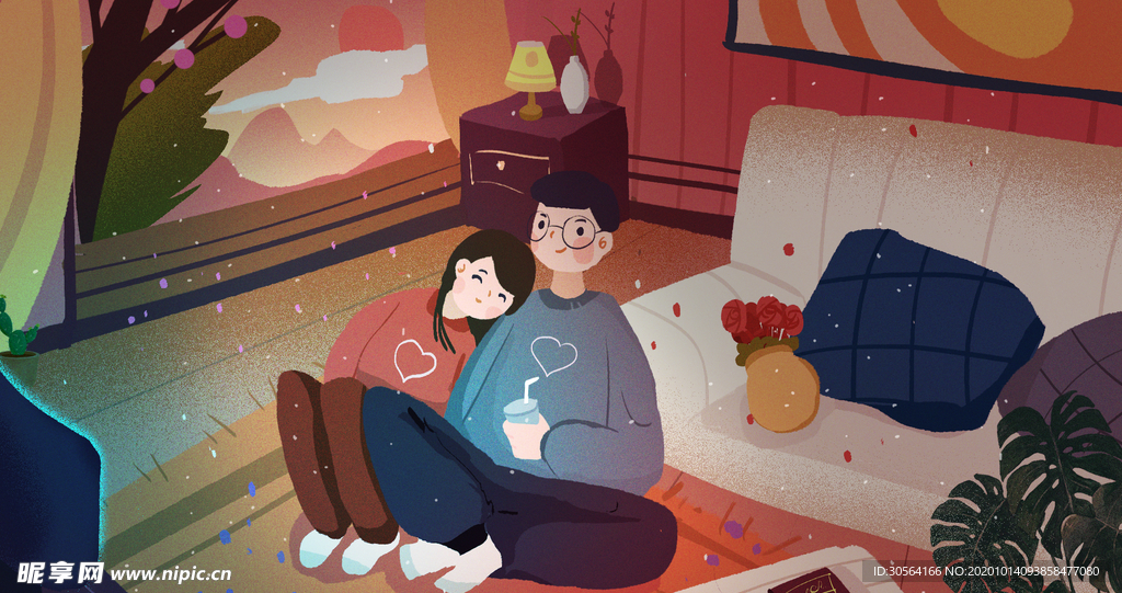 卧室情侣人物插画卡通海报素材