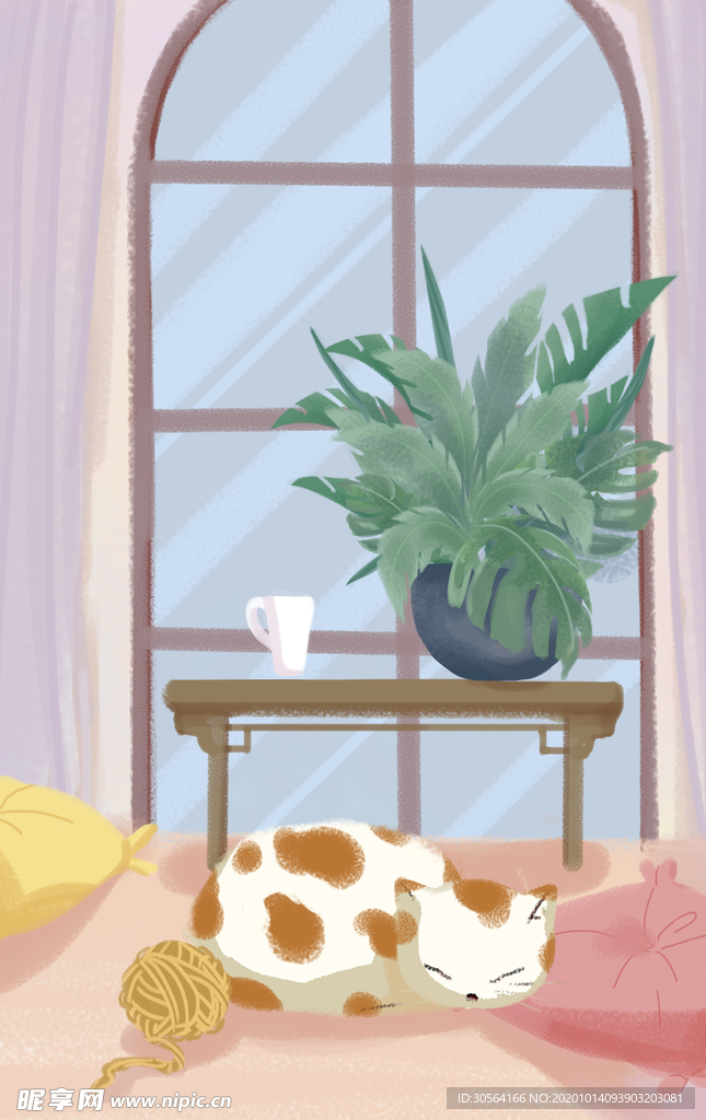 房间窗台猫咪插画卡通海报素材