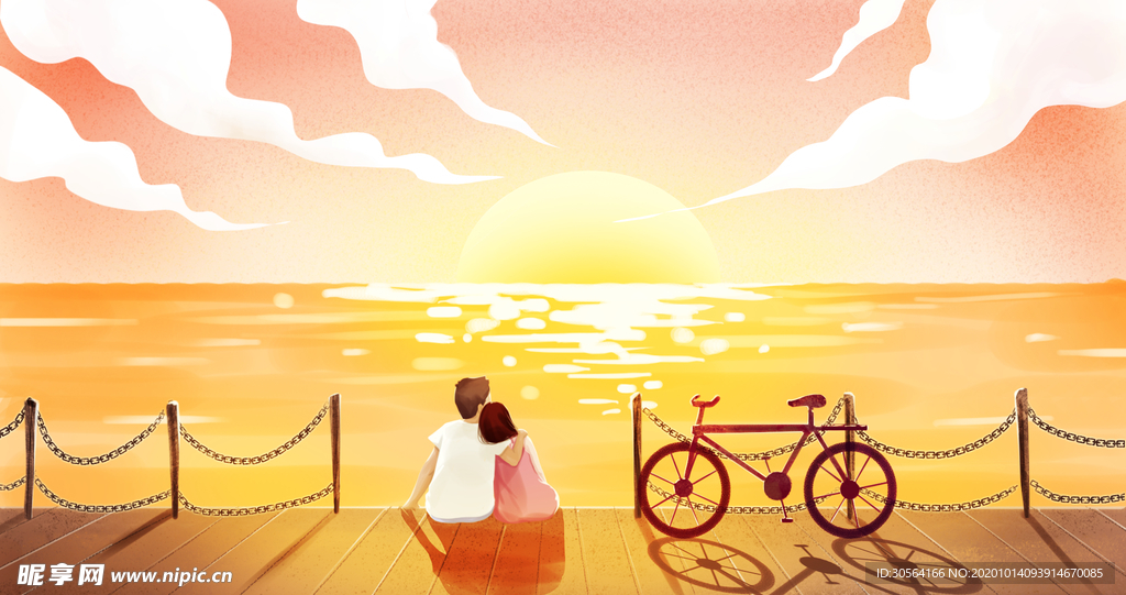 海边日落情侣插画卡通海报素材