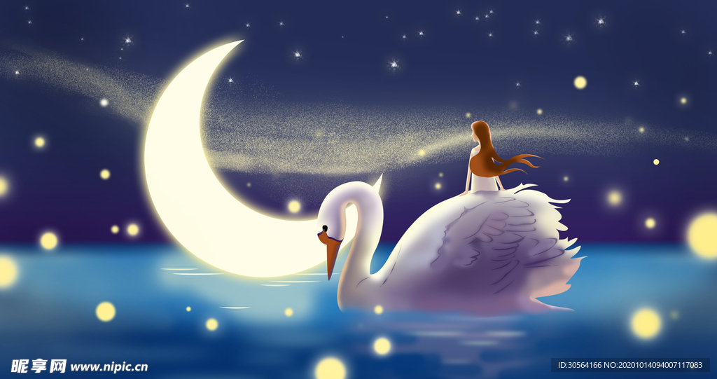 月亮天鹅人物插画卡通海报素材