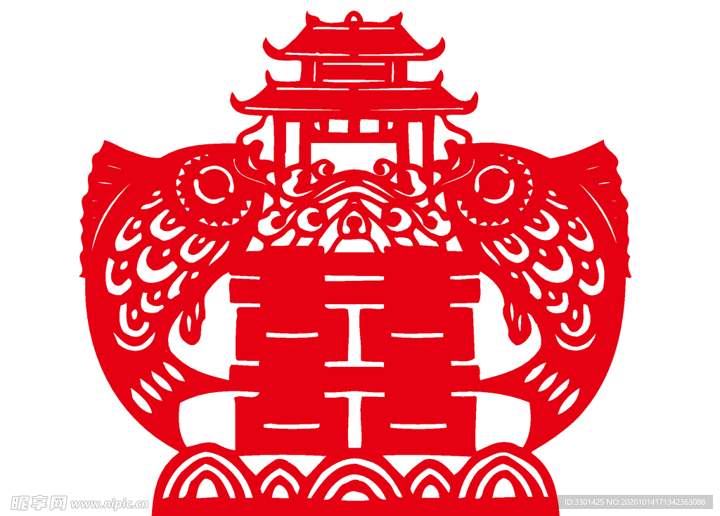 中国花样艺术喜字鲤鱼剪纸