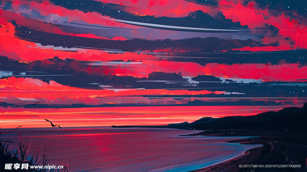 夕阳 手绘 海滩 日出 朝阳