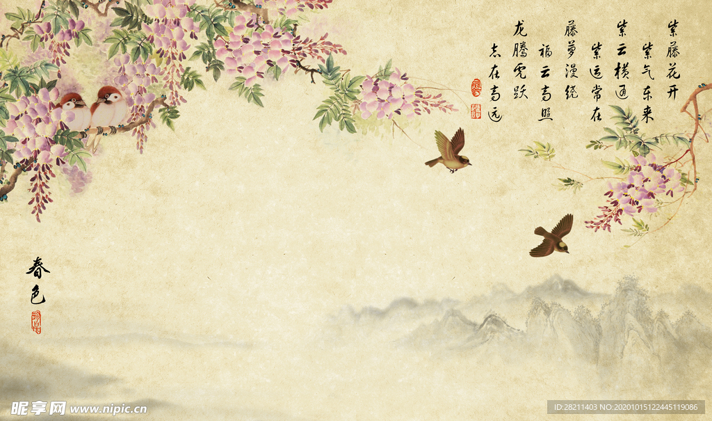 牛皮纸画槐花小燕子
