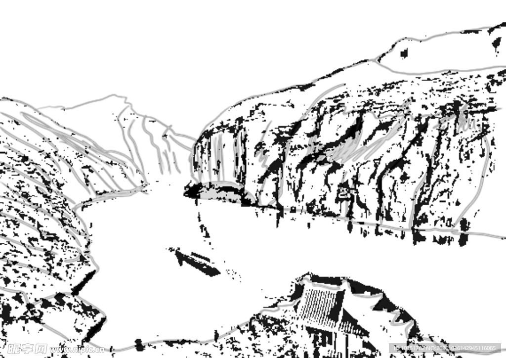 山水手绘线稿图