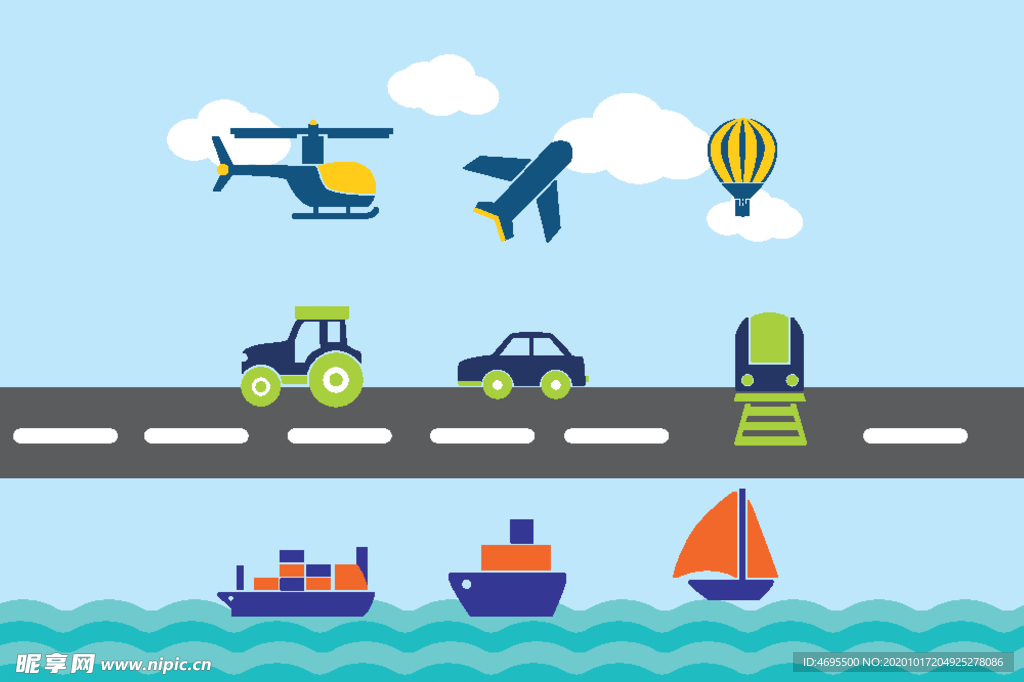 卡通飞机 汽车 轮船 热气球