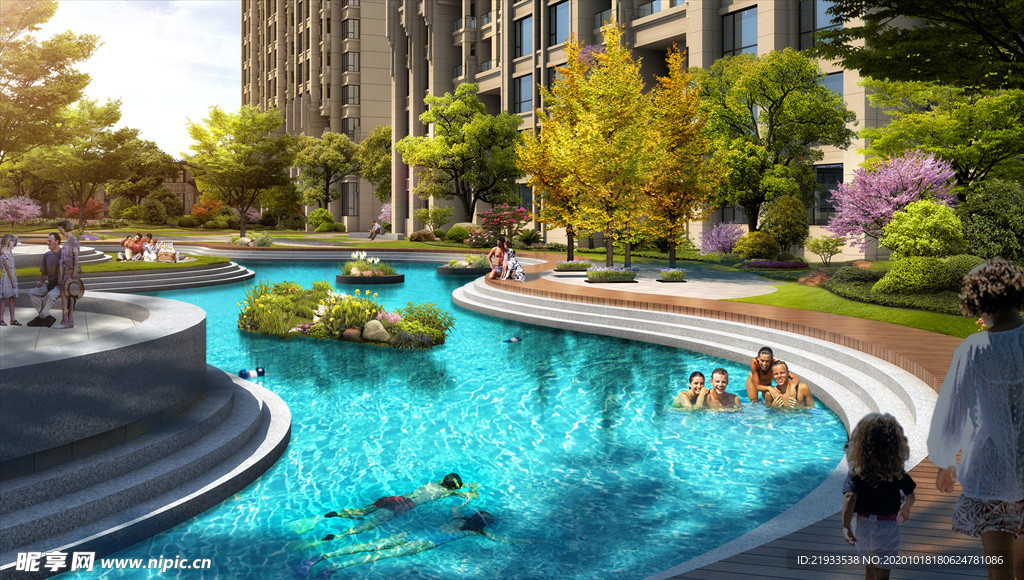 小区别墅洋房庭院泳池建筑景观