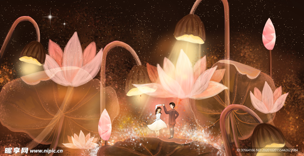 情侣花朵插画卡通背景海报素材