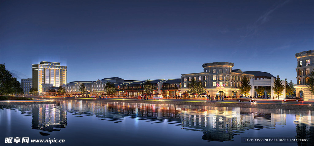 商业街河道夜景效果图