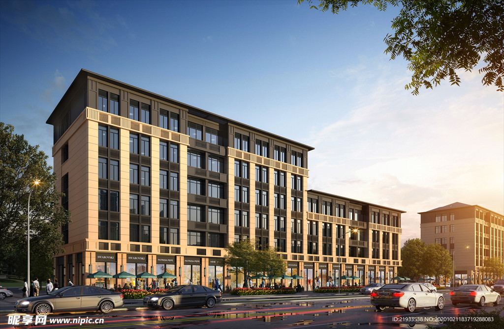 黄昏街道马路建筑景观效果图