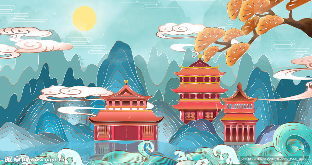 凉亭古风传统插画背景海报素材