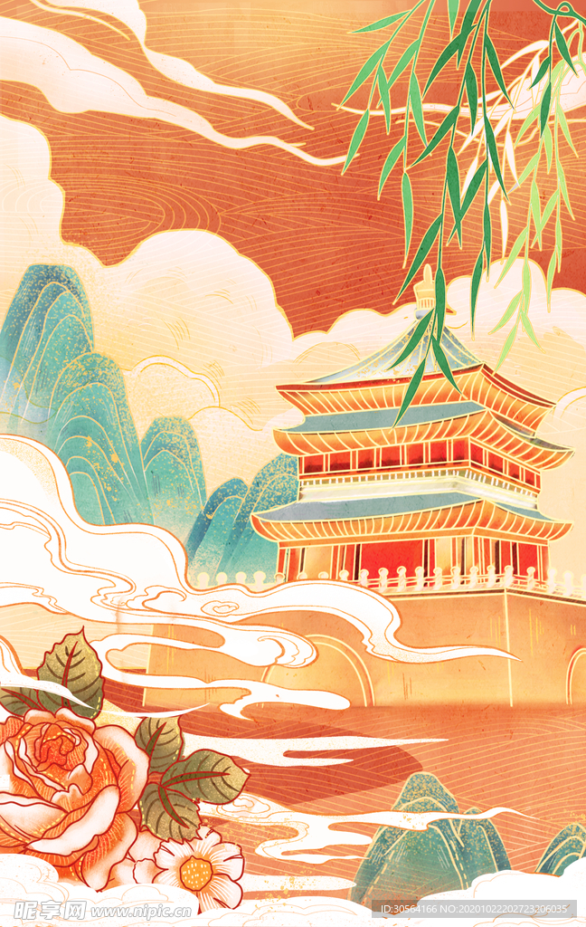 寺院传统复古插画背景海报素材