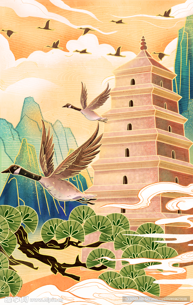 高塔传统复古插画背景海报素材