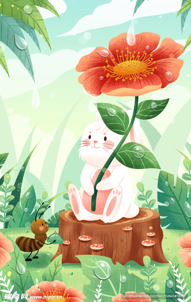 兔子花朵卡通插画背景海报素材