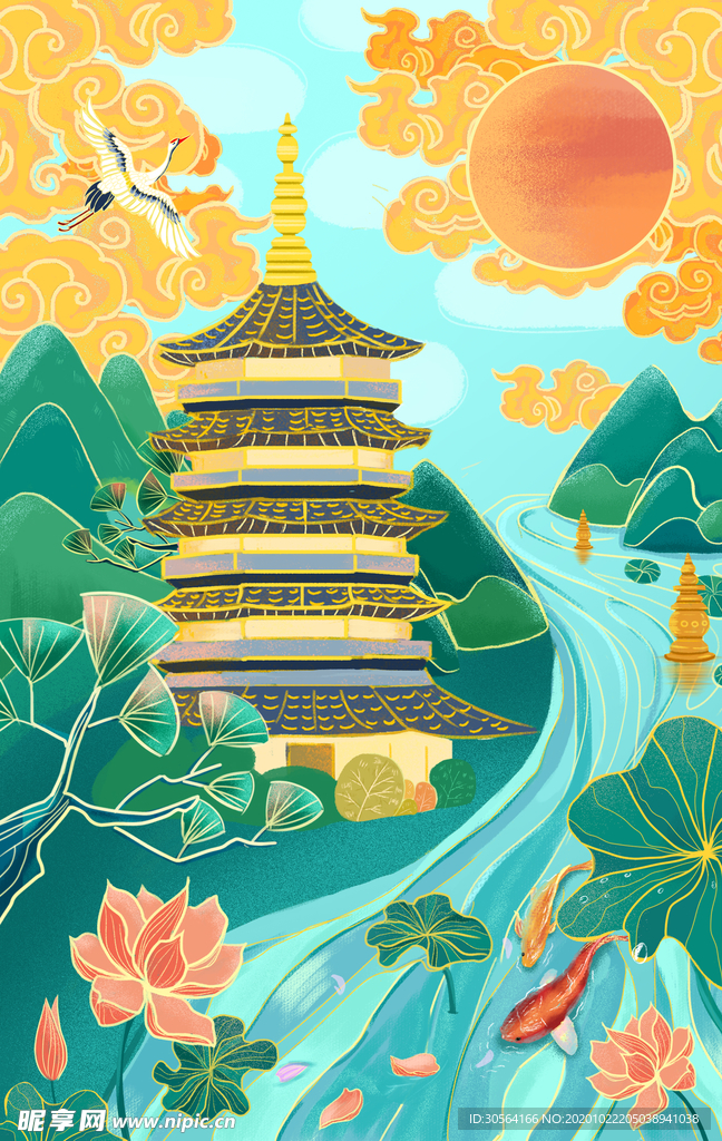 高塔复古卡通插画背景海报素材