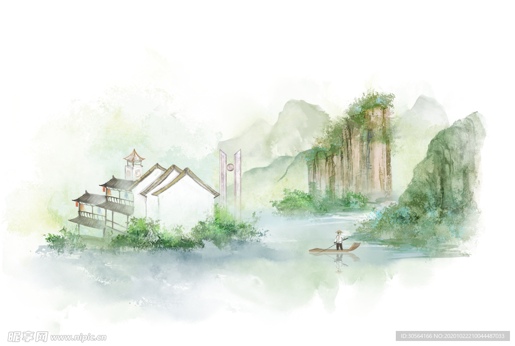 建筑古风插画卡通背景海报素材