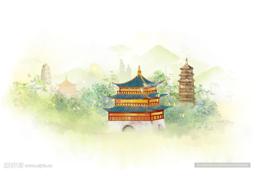 建筑古风插画卡通背景海报素材