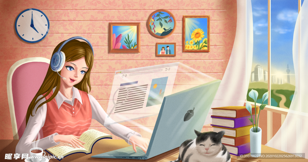 家居卧室书房插画