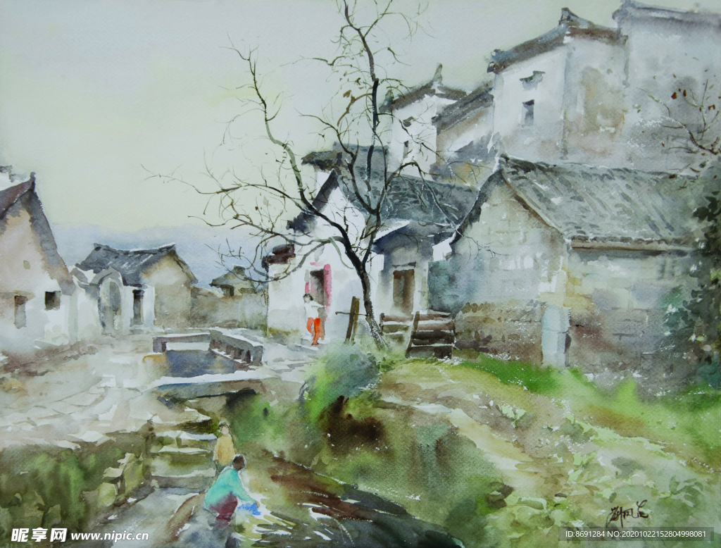 水彩画村落