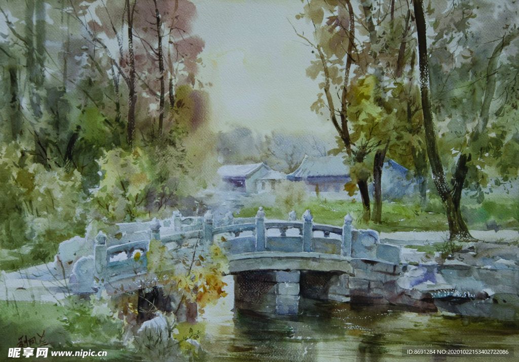 水彩画石桥