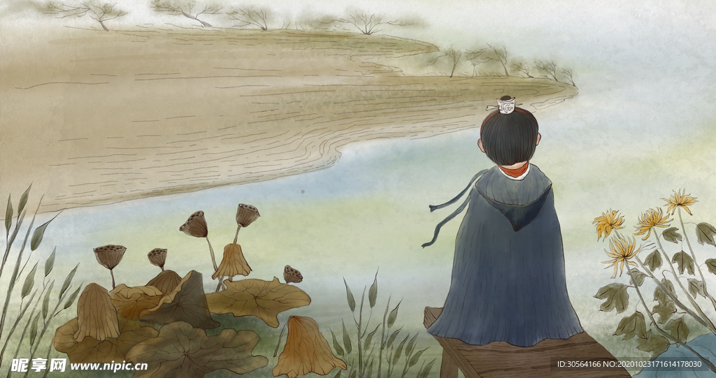 秋季菊花人物复古背景海报素材