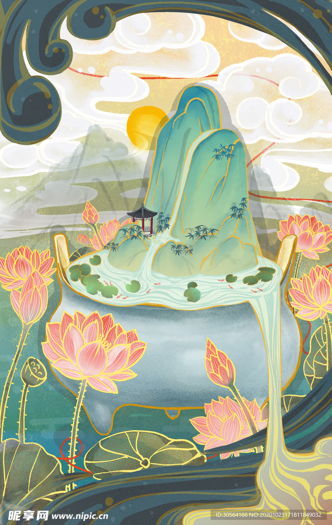 荷花凉亭复古背景海报素材