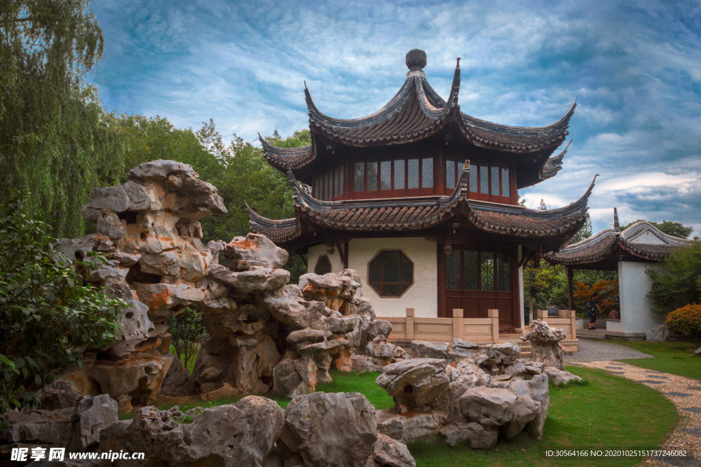 公园凉亭传统复古背景海报素材