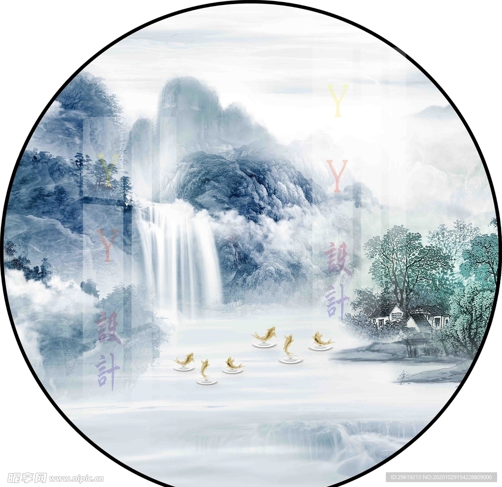 新中式水墨山水画圆形装饰画挂画