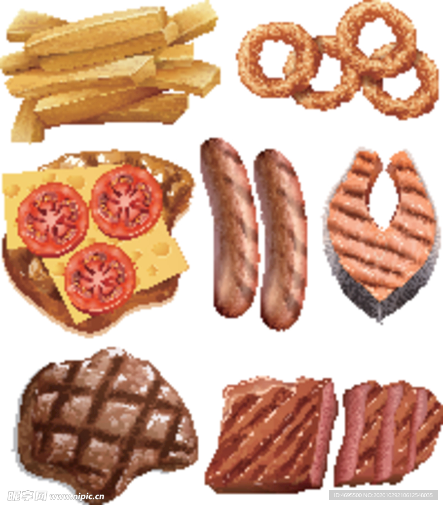薯条 烤肠 牛排矢量图