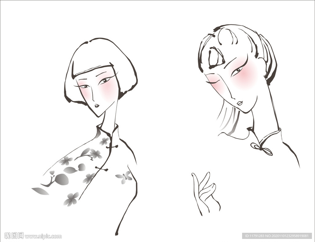 水墨风格女性简笔画