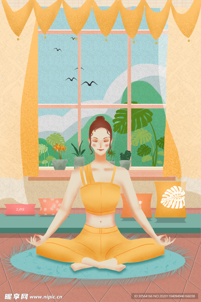 瑜伽运动插画卡通背景素材