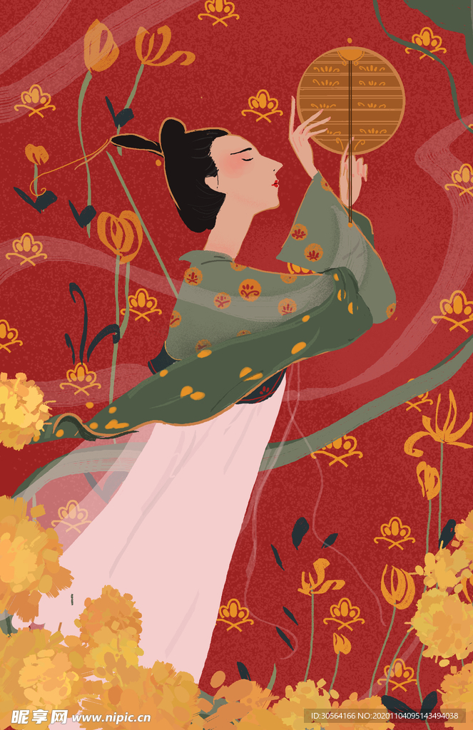 复古人物国风插画卡通背景素材