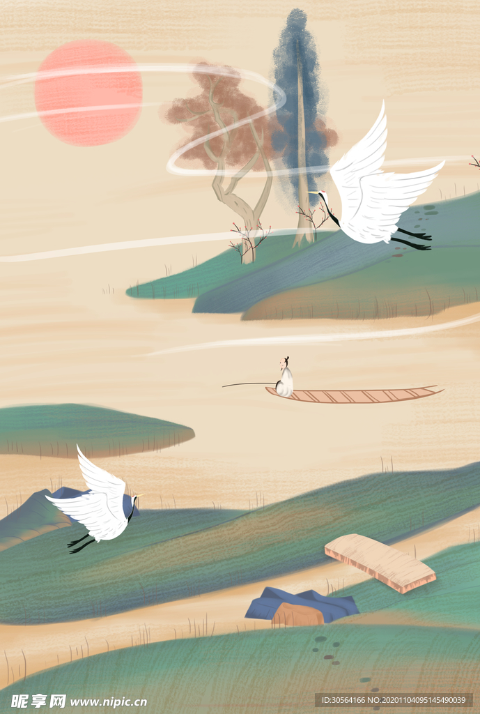 仙鹤复古传统插画卡通背景素材