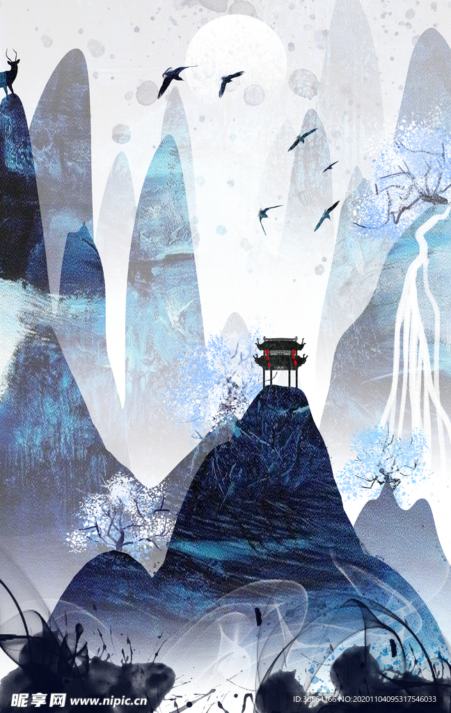 山水水彩复古插画卡通背景素材