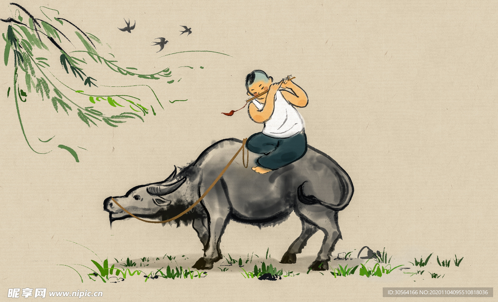牧童复古水墨插画卡通背景素材