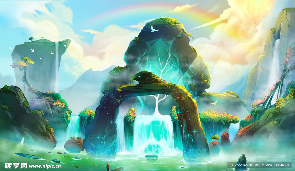 山水梦幻游戏插画卡通背景素材