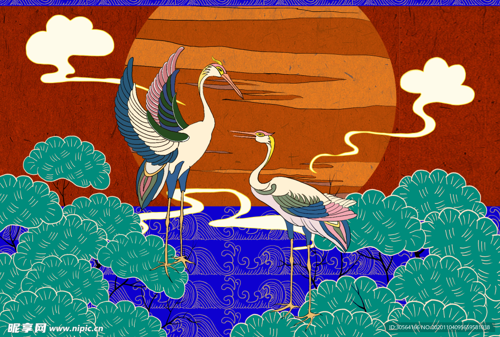 仙鹤复古插画卡通背景素材