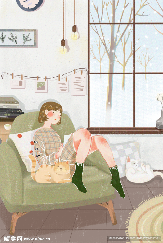 少女人物清新插画卡通背景素材