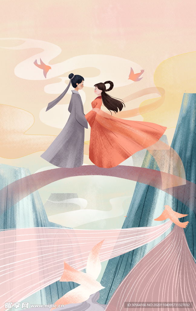 七夕传统节日插画卡通背景素材