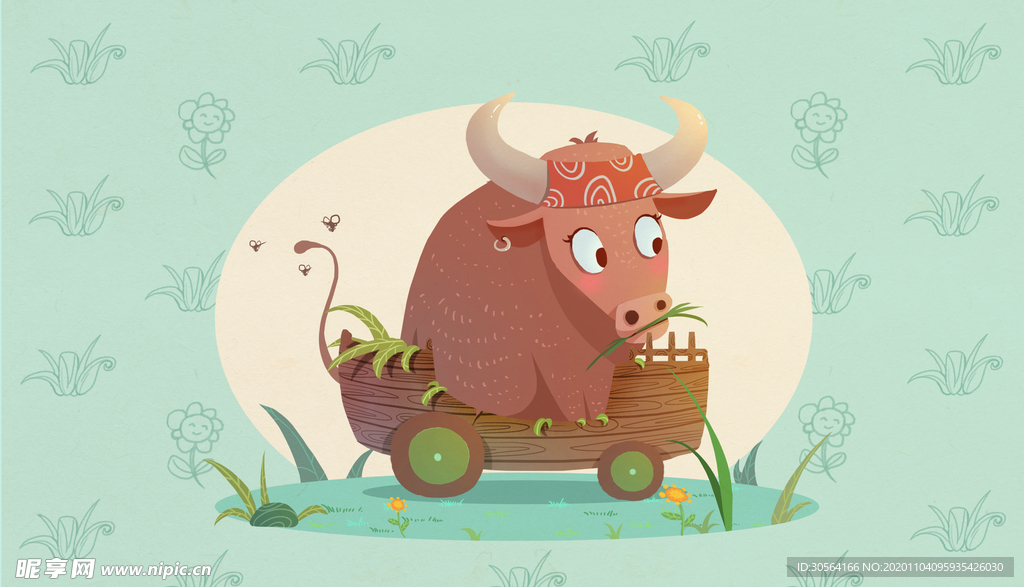 丑牛牛年插画卡通背景素材