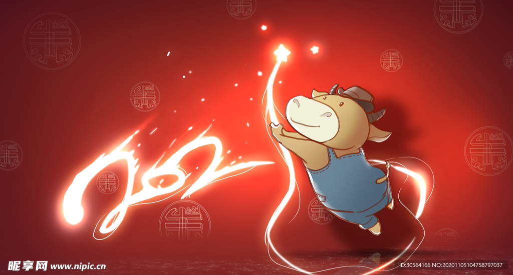 牛年新年插画卡通背景海报素材