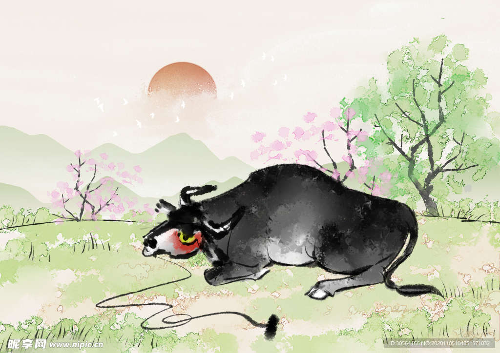 牛年新年复古水彩背景海报素材