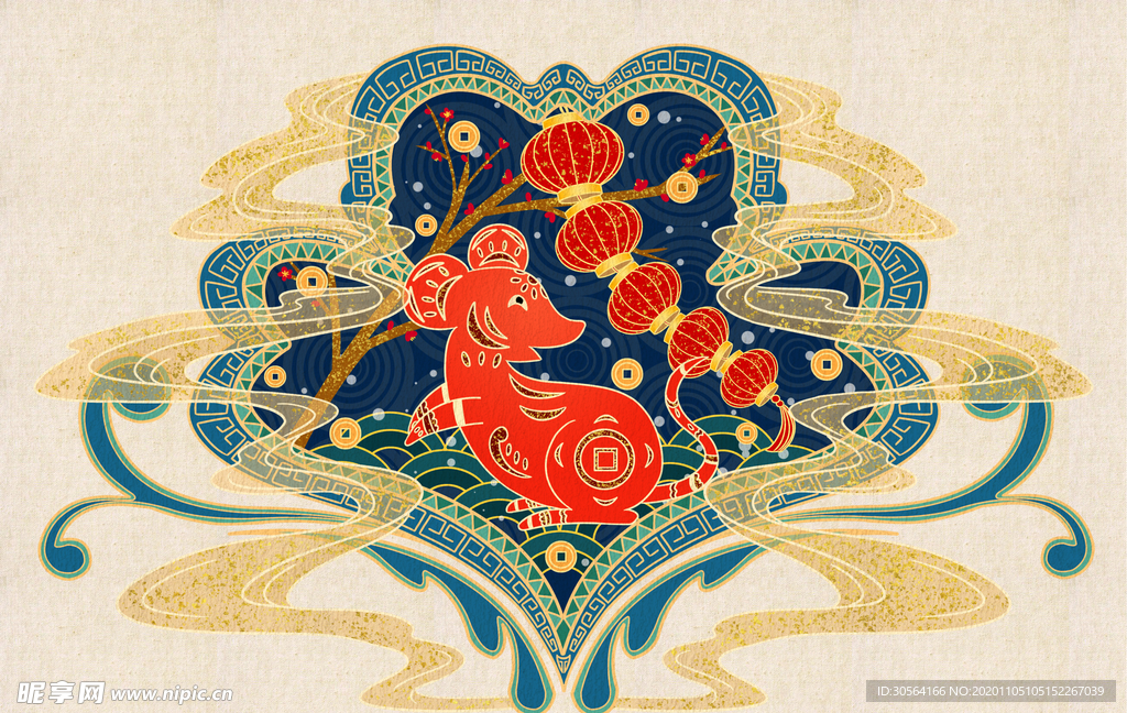 鼠年生肖复古插画背景海报素材