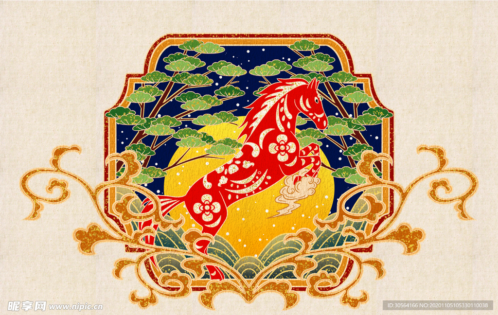 马年生肖复古插画背景海报素材